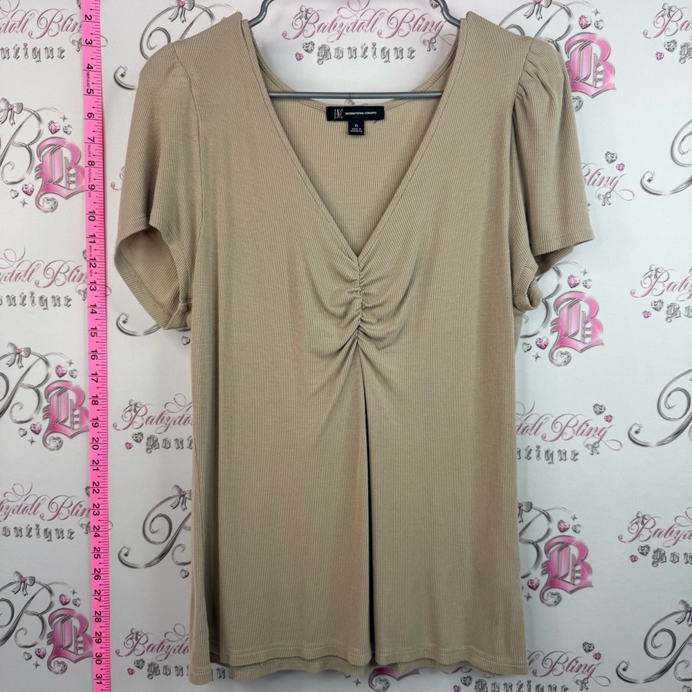 INC International Concepts T-shirt puff Beige V-Neck Short Sleeve Ruched Top